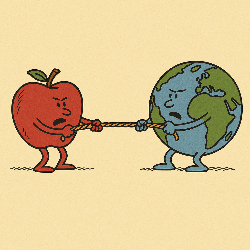 A cartoon of Earth and an apple playing tug of war.