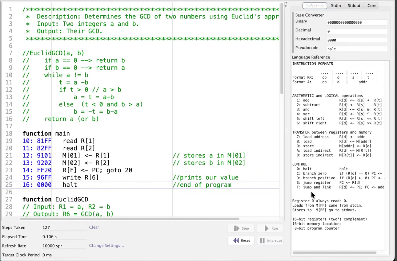 Visual X-TOY with euclid_gcd.toy open, showing the EuclidGCD pseudocode and main, with Steps Taken 127 and Target Clock Period 0 ms at the bottom