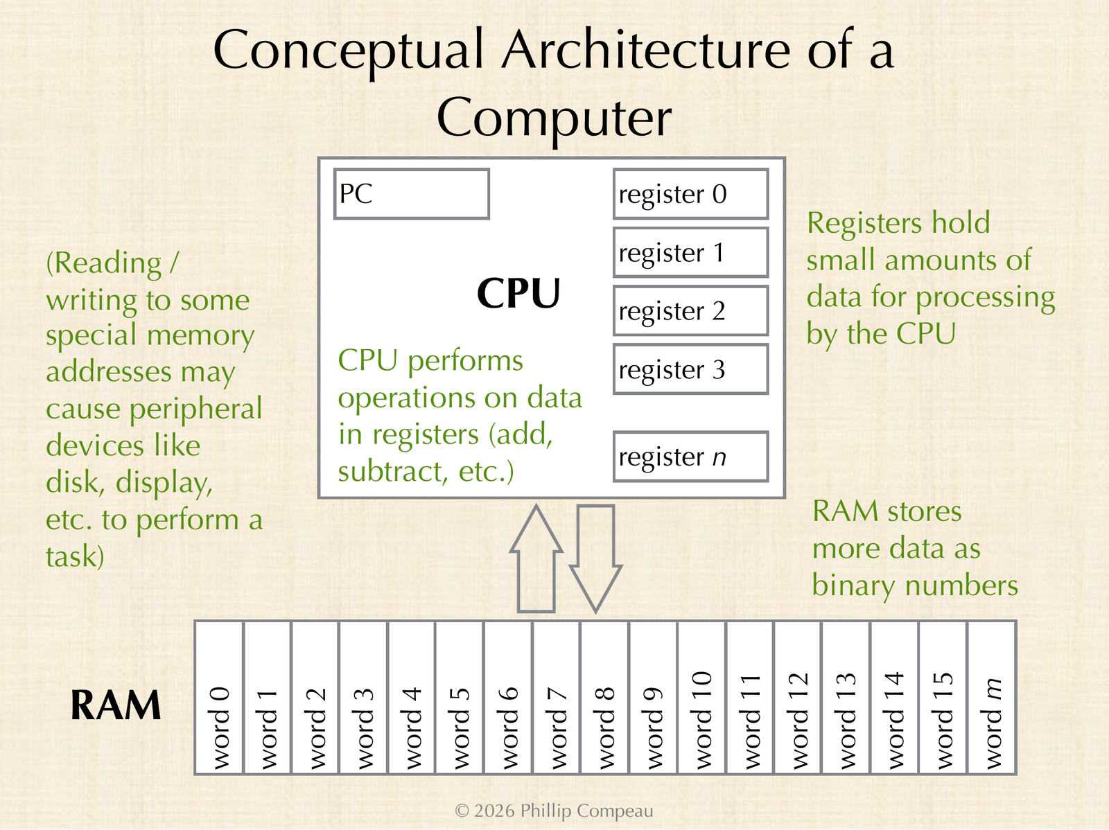Slide titled Conceptual Architecture of a Computer: a CPU holding a program counter and registers 0 through n, connected by arrows to RAM, a row of words 0 through m. Notes explain that registers hold small amounts of data for processing, the CPU performs operations on data in registers, and RAM stores more data as binary numbers.