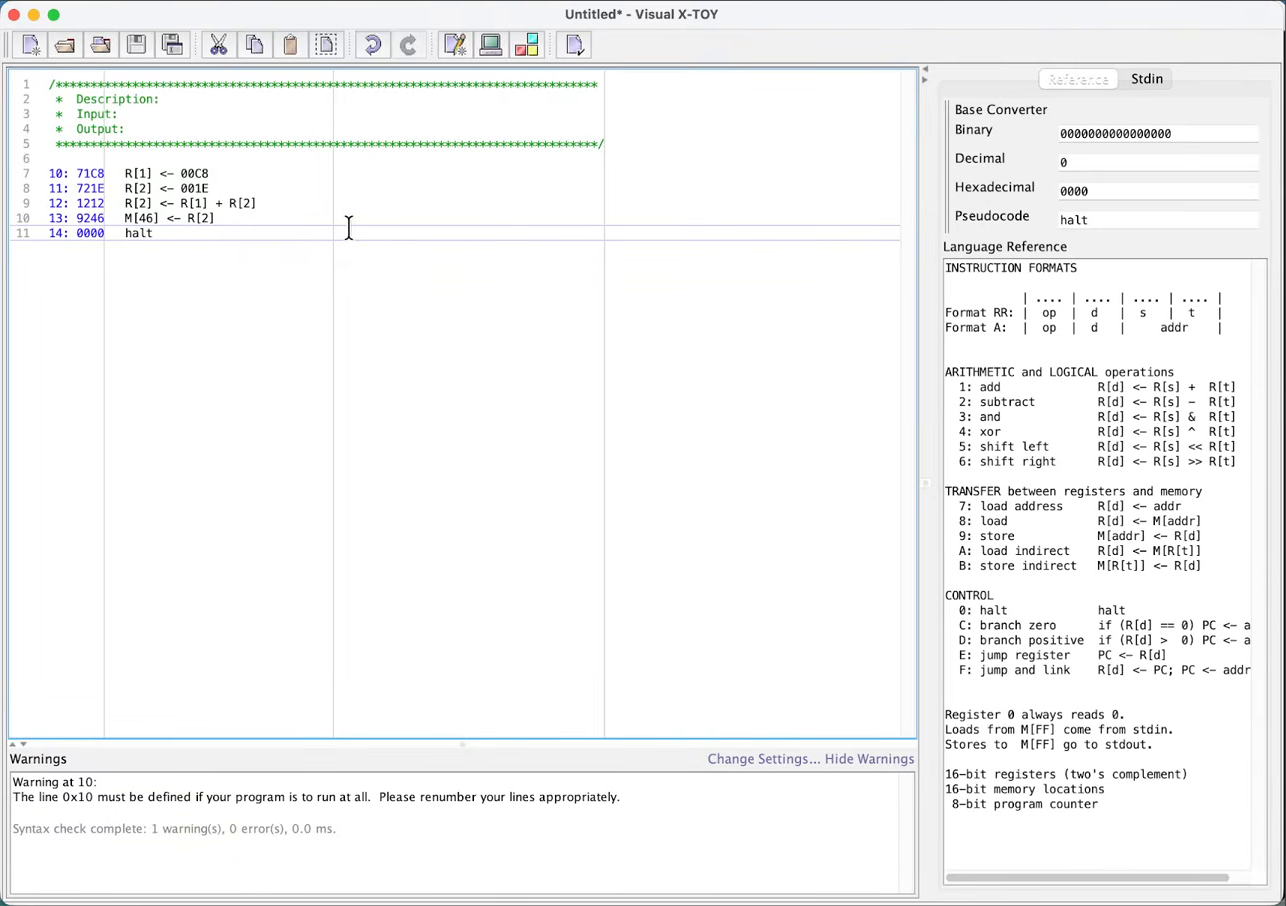 Visual X-TOY in edit mode showing the program 71C8, 721E, 1212, 9246, 0000 with auto-generated comments and the Language Reference panel